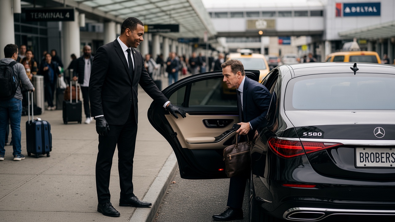 Black luxury chauffeur vehicle — vehicle shown for illustration
