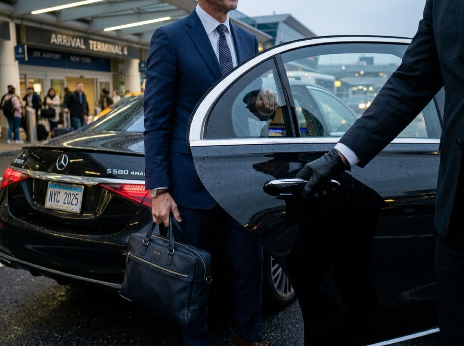 Business traveler entering a black Mercedes-Benz S-Class at an airport arrival terminal