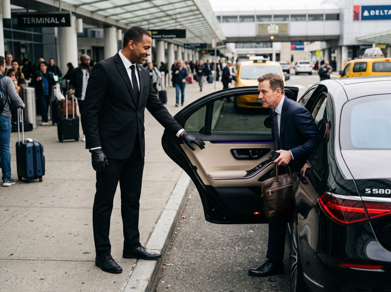 Professional chauffeur opening a Mercedes-Benz S-Class door at the airport